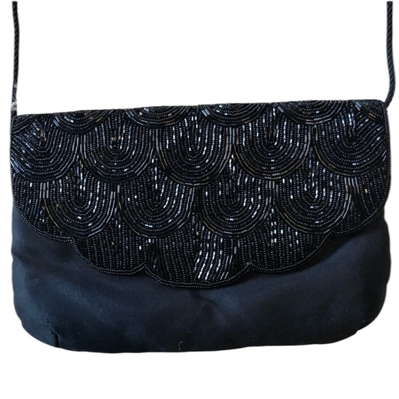 Venizia Black Beaded Art Deco style satin bag w/inside pocket and rope strap - Picture 1 of 7
